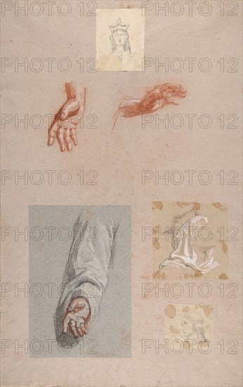 a. Hands of Saint Remi (lower register); b. Head of Saint Clotilde (upper register); c. Head of Saint Clotilde (lower register); d. Head of an Angel (upper register); e. Hand and Sleeve of Saint Remi, 19th century.