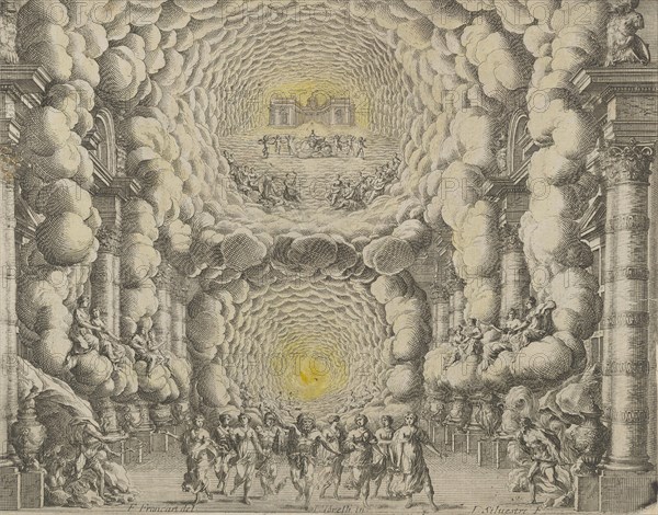 Design for a theater set created by Giacomo Torelli da Fano for the ballet 'Les Noces de Thétis', from 'Décorations et machines aprestées aux nopces de Tétis, Ballet Royal', 1654.