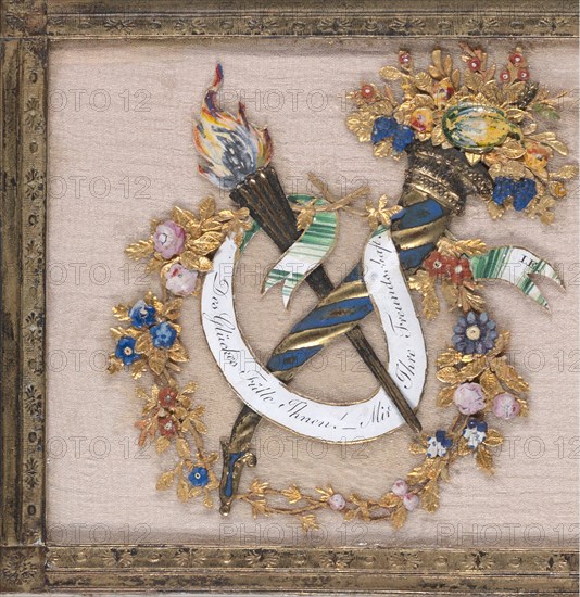 Greeting Card: elegant embellishments of cornucopia and flaming torch, symbolic of marriage; gold framed collage on silk chiffon; gouache, metallic paint, metallic foil, and embossed and punched paper, 1810.