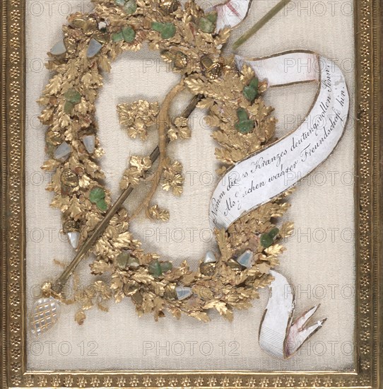 Greeting Card: wreath with acorns and oak leaves, a rod with grape vines and pearl finials; gouache, metallic paint, metallic foil, embossed and punched paper, and carved and painted mother of pearl on silk chiffon, with a gold paper border, 1810.