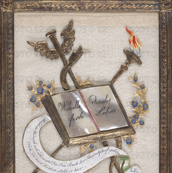 Greeting Card:gold-framed collage, mother-of-pearl book, gold serpent, staff, and torch; gouache, metallic paint, metallic foil, embossed and punched paper, and carved and painted mother of pearl on silk, ca. 1825.