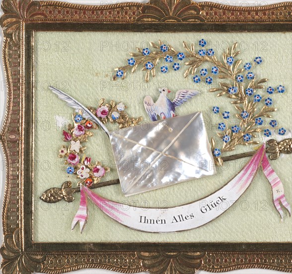 Greeting Card: gold framed collage on silk, a gold rod with doves, an envelope made of mother-of-pearl, and a writing plume; gouache, metallic paint, metallic foil, embossed and punched paper, and carved and painted mother of pearl on silk, 1810.