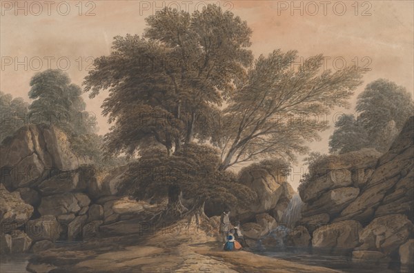 Figures Beside a Waterfall and Pool in a Wooded Landscape, 1812.