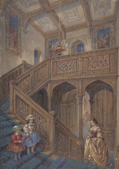 Design for a Jacobean-style Staircase (recto); Architectural Element Design (verso), ca. 1867.