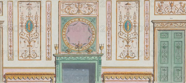 Interior Ornamented Wall with Doors and Fireplace, nos. 344-350 ("Designs for Various Ornaments," pl. 52), March 20, 1785.