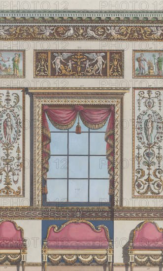 Interior Ornamented Wall with Window and Furniture, nos. 411-424 ("Designs for Various Ornaments," pl. 64), February 15, 1792.
