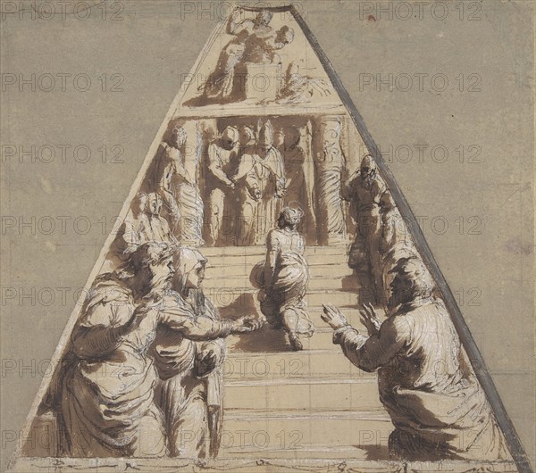 Presentation of the Virgin in the Temple (below), Abraham about to Sacrifice Isaac (above), 1520.