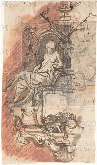 Design for a sepulchral monument with a seated female figure; verso: Design for a statue of a standing male figure and fragment of a letter, late 17th-early 18th century.