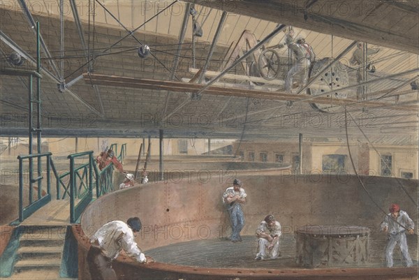 Coiling the Cable in the Large Tanks at the Works of the Telegraph Construction and Maintenance Company of Greenwich, 1865, 1865.