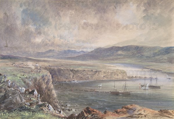 Foilhummerum Bay, Valentia, Looking from Cromwell Fort: The Caroline and Boats Laying the Earth Wire, July 21st, 1865, 1865-66.