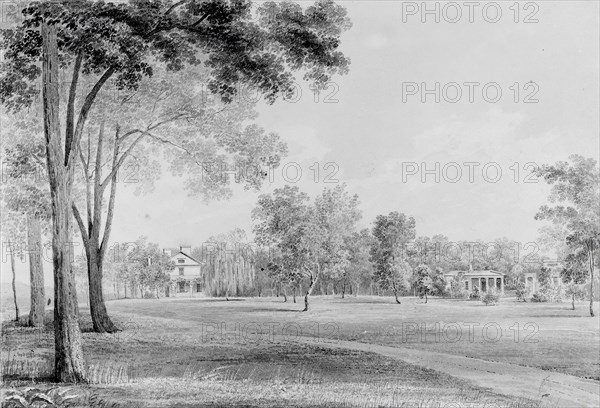 View of the David Hosack Estate, Hyde Park, New York, from the South (from Hosack Album), ca. 1832.