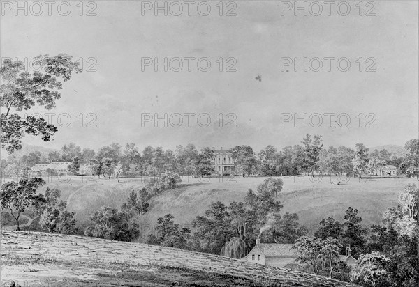 View of David Hosack Estate, Hyde Park, New York, from the East (from Hosack Album), ca. 1832.