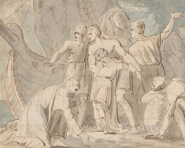 Historical Subject with Men and a Boy Near a Ship (recto); Anatomical Study of a Foot (verso), 1770-80.