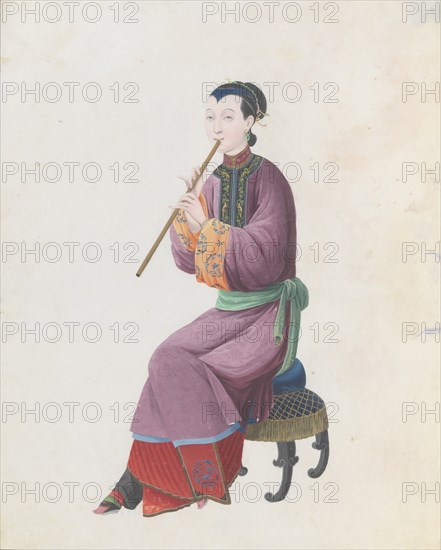Watercolour of musician playing xiao, late 18th century.