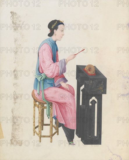Watercolour of musician playing mu yu, late 18th century.