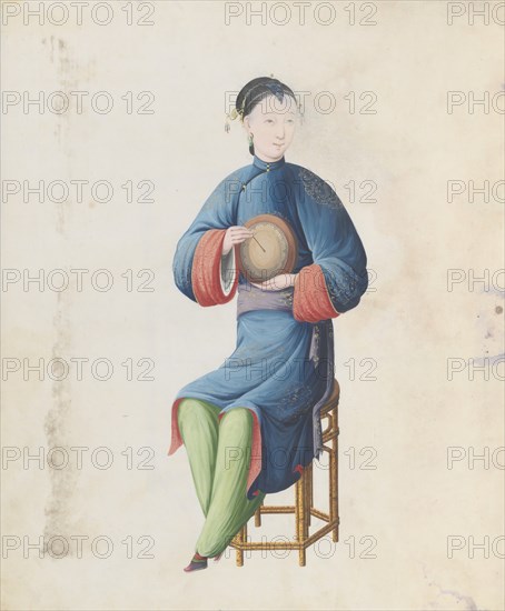 Watercolour of musician playing diangu, late 18th century.