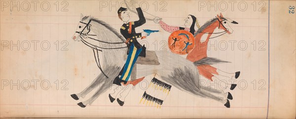 Maffet Ledger: Indian and soldier on horseback, ca. 1874-81.