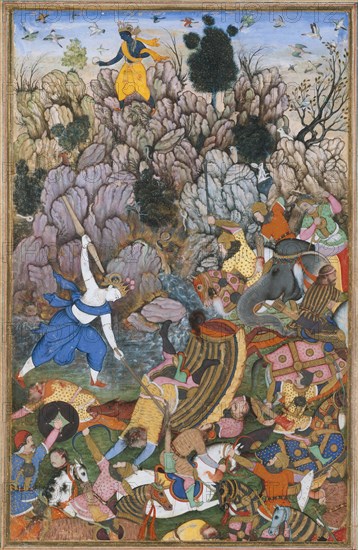 Balarama and Krishna Fighting the Enemy, Folio from a Harivamsa (The Legend of Hari (Krishna)), ca. 1590-95.