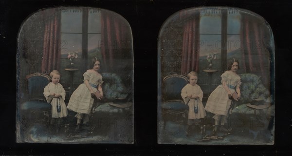 [Stereograph, Two Children Standing Between Furniture in a Studio Parlor Setting], ca. 1855.