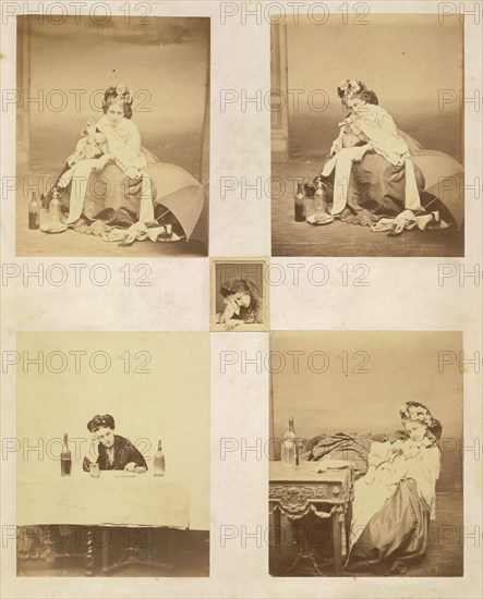 [Album page with ten photographs of La Comtesse mounted recto and verso], 1861-67. Top left: [La Comtesse with Horn, Umbrella and Bottles]; top right: [La Comtesse Blowing Horn]; center: [La Comtesse "in despair" with Kerchief to Face]; bottom left: [La Comtesse at Table with Bottle on Either Side]; bottom right: [La Comtesse in Flowered Hat Seated at Table]