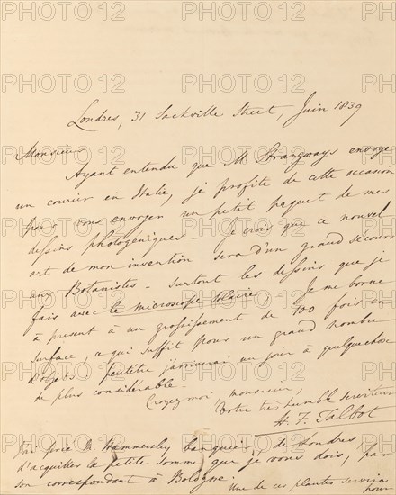 [Manuscript Letter from W. H. Fox Talbot to Antonio Bertoloni], 1839.