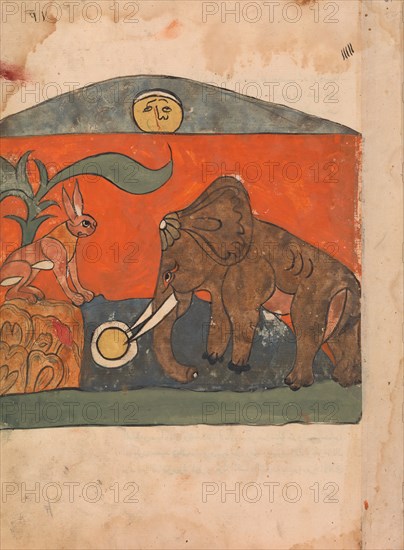 The Clever Hare with the King of the Elephants at the Spring of the Moon, Folio from a Kalila wa Dimna, 18th century.