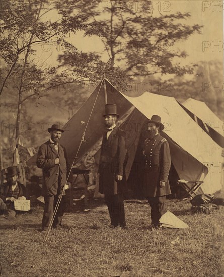 [President Abraham Lincoln, Major General John A. McClernand (right), and E. J. Allen (Allan Pinkerton, left), Chief of the Secret Service of the United States, at Secret Service Department, Headquarters Army of the Potomac, near Antietam, Maryland], October 4, 1862.