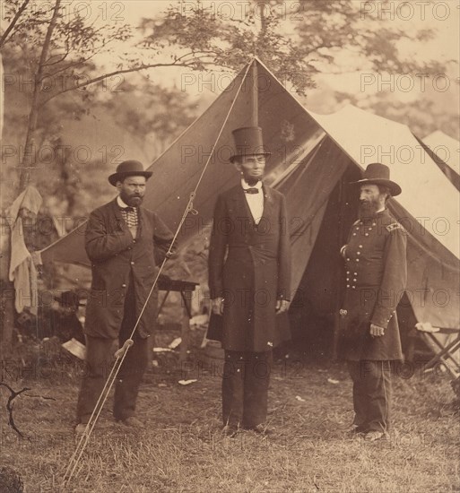 [President Abraham Lincoln, Major General John A. McClernand (right), and E. J. Allen (Allan Pinkerton, left), Chief of the Secret Service of the United States, at Secret Service Department, Headquarters Army of the Potomac, near Antietam, Maryland], October 3, 1862.