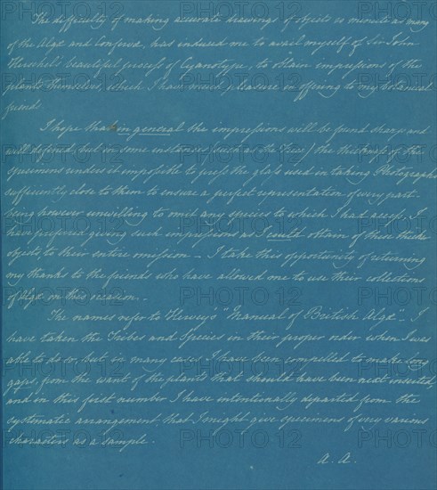[Dedication Page 2], from Photographs of British Algae: Cyanotype Impressions, ca. 1853.