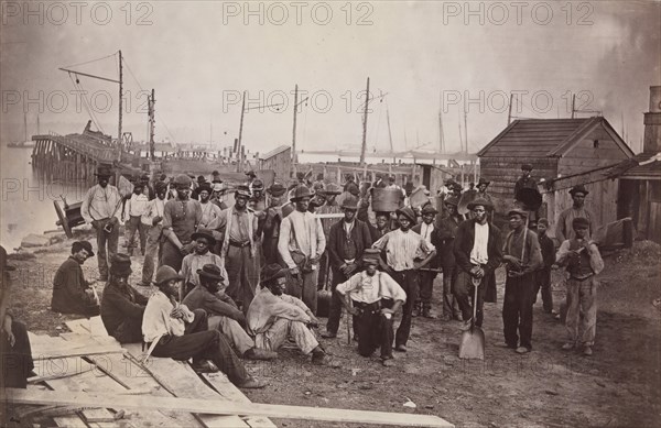 Laborers at Quartermaster's Wharf, Alexandria, Virginia, 1863-65. Formerly attributed to Mathew B. Brady.