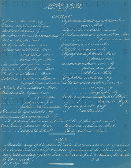 Appendix to Photographs of British Algae: Cyanotype Impressions, ca. 1853.