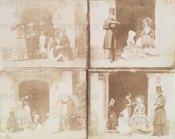 Contact sheet of four group portraits in a doorway, ca. 1850.