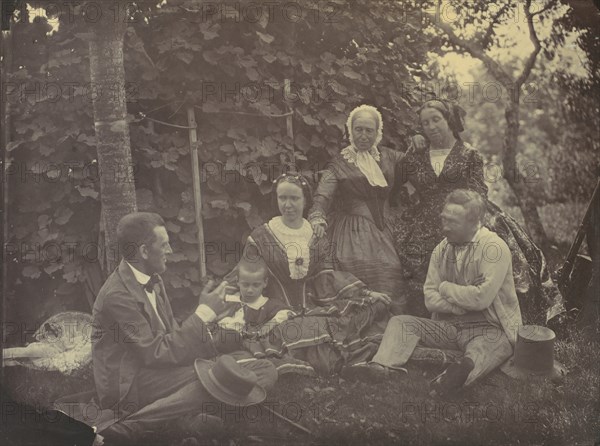 [Three Women,Two Men, and a Child on a Picnic], 1850s-60s.