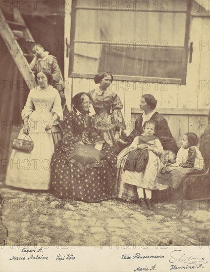 [Group Portrait of Four Women and Three Children], 1850s-60s.