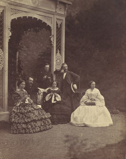 [Portrait of Three Women and Men in a Garden], 1850s-60s.