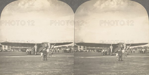 Group of 3 Sterograph Views of Aviation, including the Wright Brothers, 1900-1929. ('All Aboard! Giant Plane at Columbus, Ohio, on First Air-Rail Trip, New York to Los Angeles, July 2, 1929).