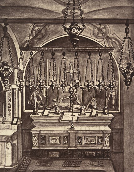 Xe Station. Jésus est dépouillé de ses Vêtements. L'emplacement de cette station est indique par la mosaïque en marbre que l'on voit devant l'autel., 1860 or later.