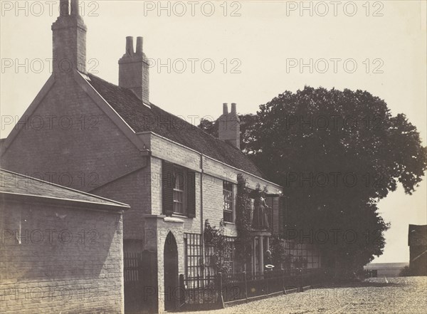 House with Woman on Balcony, Man Standing Below, ca. 1857.