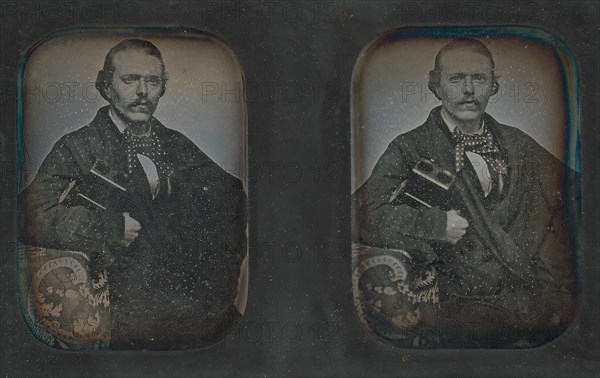 Stereoscopic Portrait of Man Holding Stereoscopic Viewer, 1840s-60s.