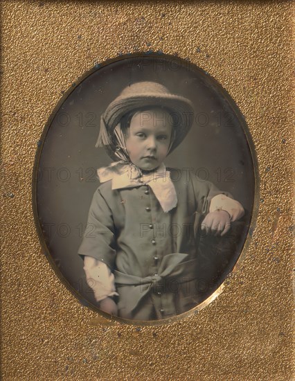 Child Wearing Straw Hat, Arm Resting on Table, 1840s-50s.