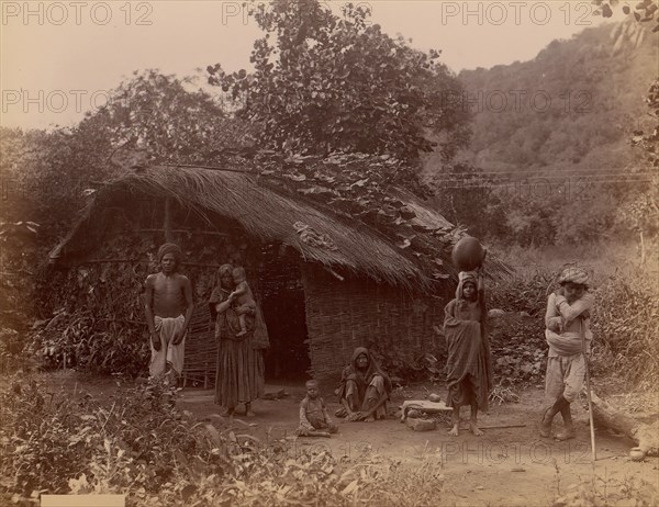 Thatched House, People in Foreground, Telegraph Lines in Background, 1860s-70s.