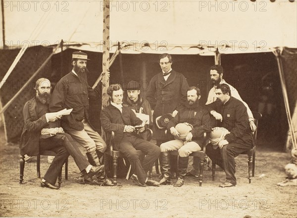 Group Portrait: (L-R) Col.Yule P.W.D., Major Jones A.D.C., Mr. Walters, Captain Stanley A.D.C., Captain Baring A.D.C., Captain Roberts V.C.D.A.Q.M.G., Captain Hills V.C. A.D.C. and Sir E. Campbell Bart. Mry. Secry.], 1858-61.