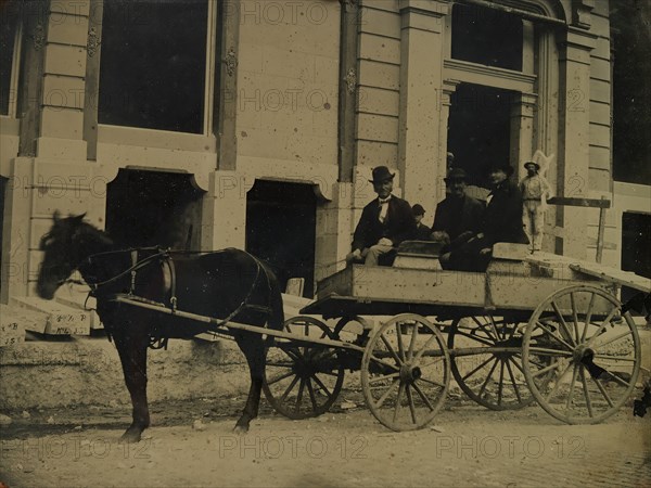 Three Men Seated in a Horse-Drawn Buggy in Front of a Building Under Construction, 1850s-60s.