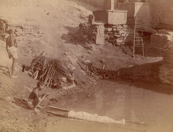 Cremation Ground at Manikarnika Ghat, Varanasi, India, 1860s-70s.