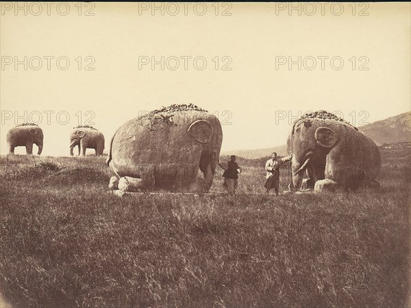 Two Men by Monumental Elephant Statues, China, 1860s-70s.