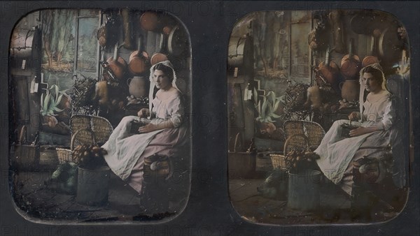 [Woman in Apron and Bonnet Grinding Coffee in Kitchen Setting], 1850s.