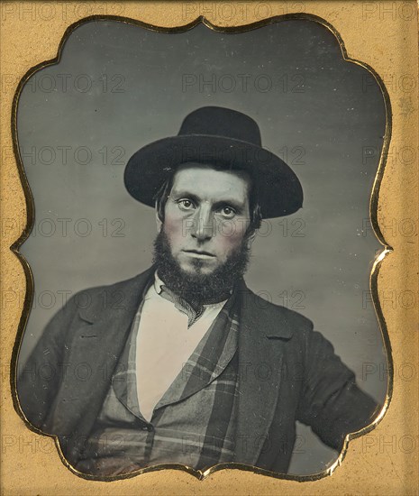 Bewhiskered Man in Hat and Plaid Vest, 1850s.