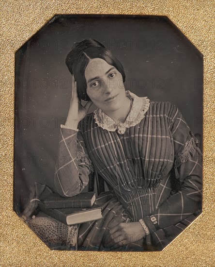 Young Woman with Elbow Resting on Small Pile of Books and Head on Hand, 1840s.