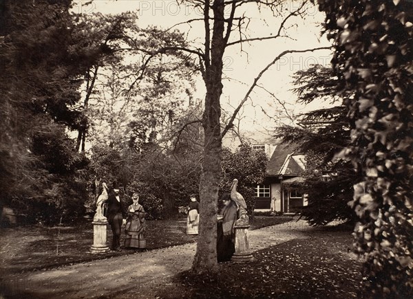 Autumn Scene with People on Lawn near Cottage, ca. 1855.