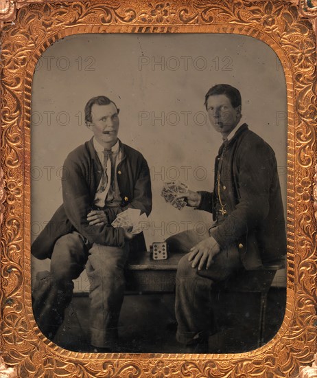 Union Soldiers Sitting on Bench, Playing Cards, 1861-65.